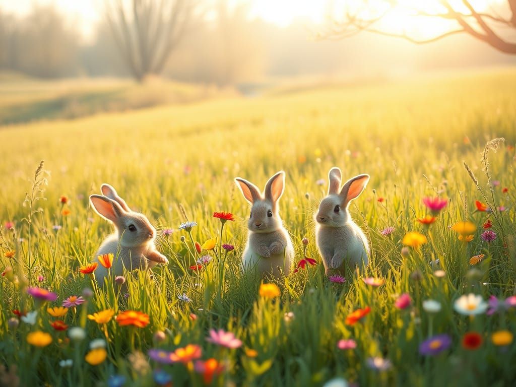 Whimsical Spring Wonderland with Frolicking Rabbits and Wild...