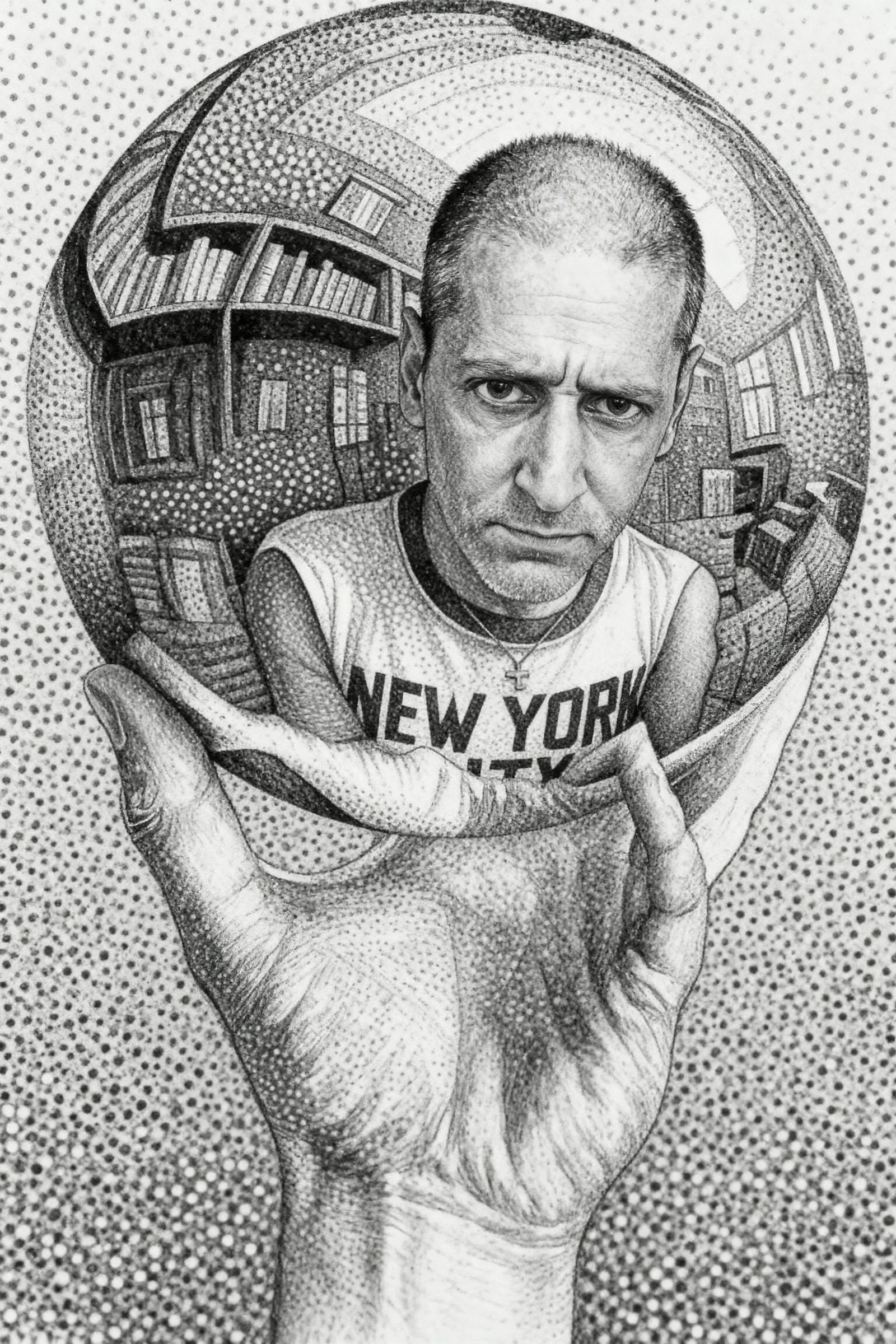 Man's Face Merged with Escher-Inspired Surrealism