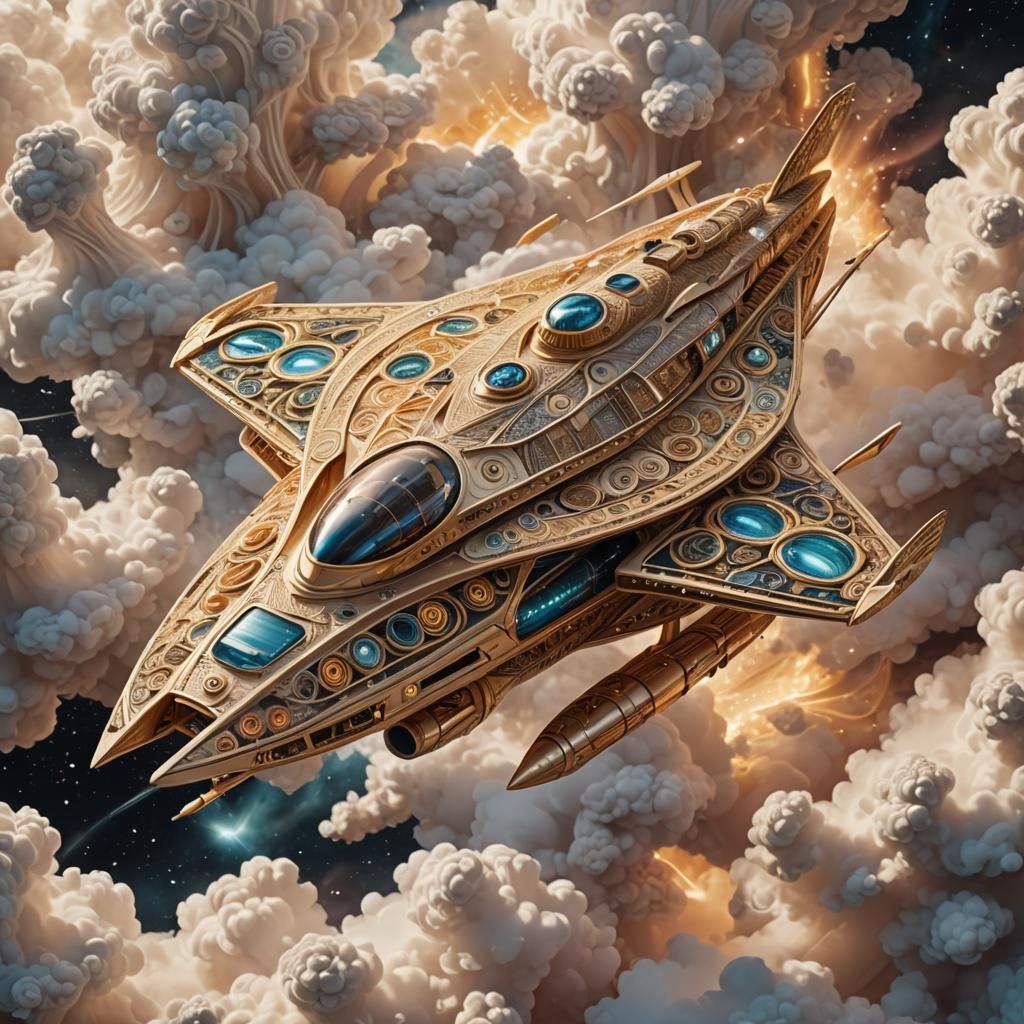 Futuristic Art Deco Spaceship in Ethereal Clouds