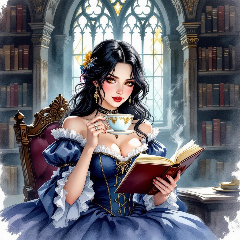 Woman Reads in Gothic Library as Watercolor