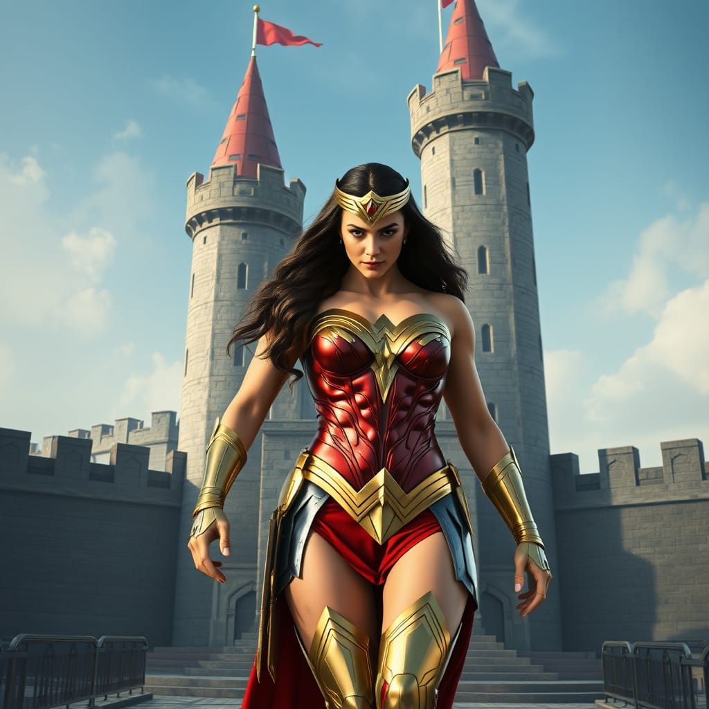 Wonder Woman Emerges From Castle in Hyperrealistic Style