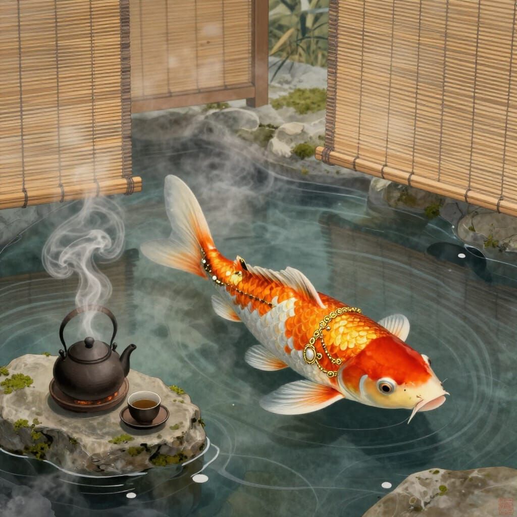 Anthropomorphic Koi Fish in Tranquil Japanese Teahouse Pond