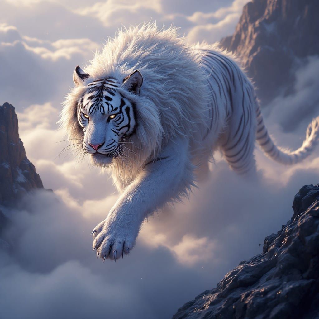 Majestic White Sky Hunter Tiger on Clouds