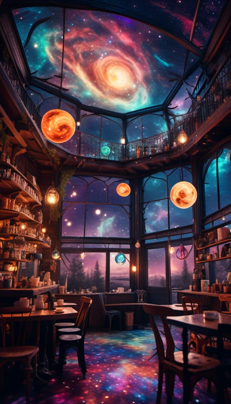 Cozy Galactic Coffee Shop Amidst Nebulae