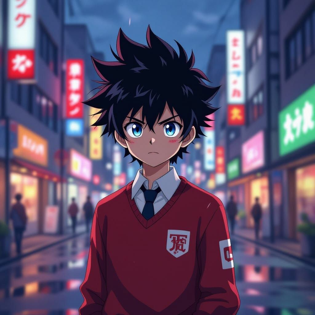 Anime Boy in Tokyo Street Dusk