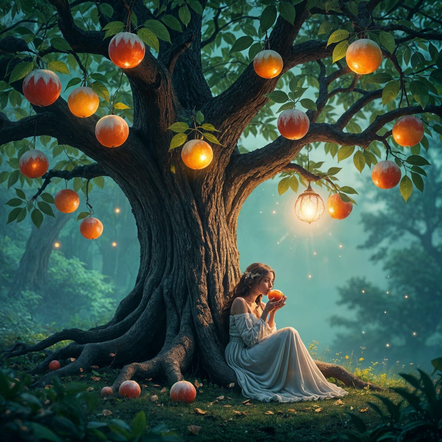 Mystical Tree With Glowing Fruit and Ethereal Woman