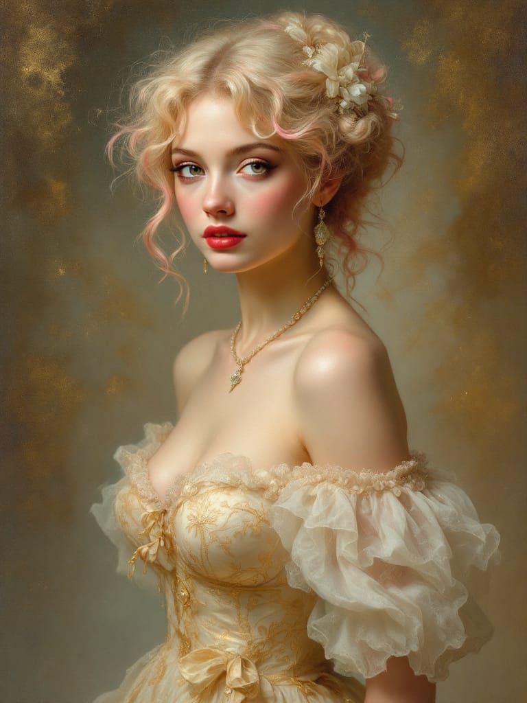 Rococo Pin-Up Woman with Golden Curls and Silk Blooms