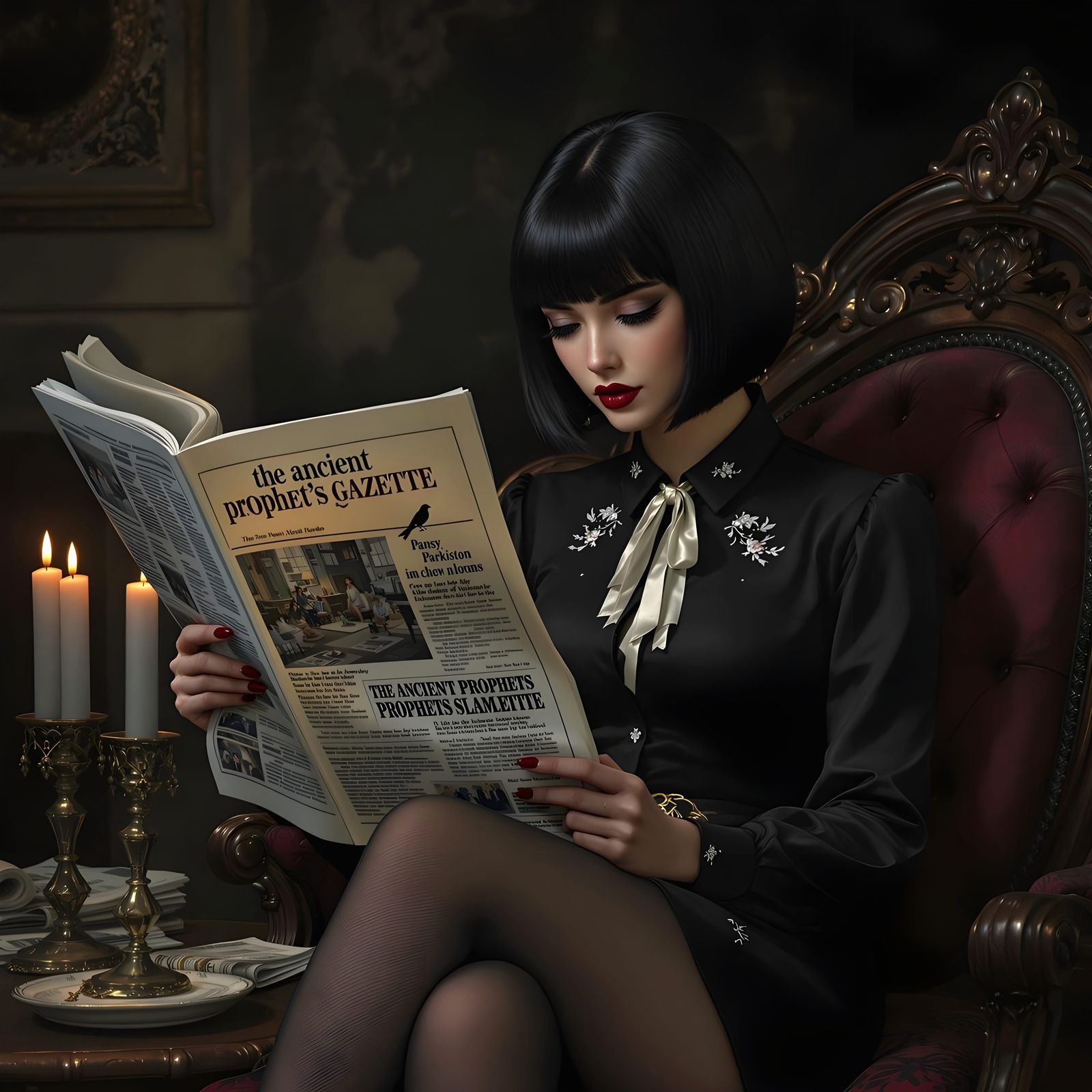 Elegant Young Woman Reads the Daily Prophet in Her Home