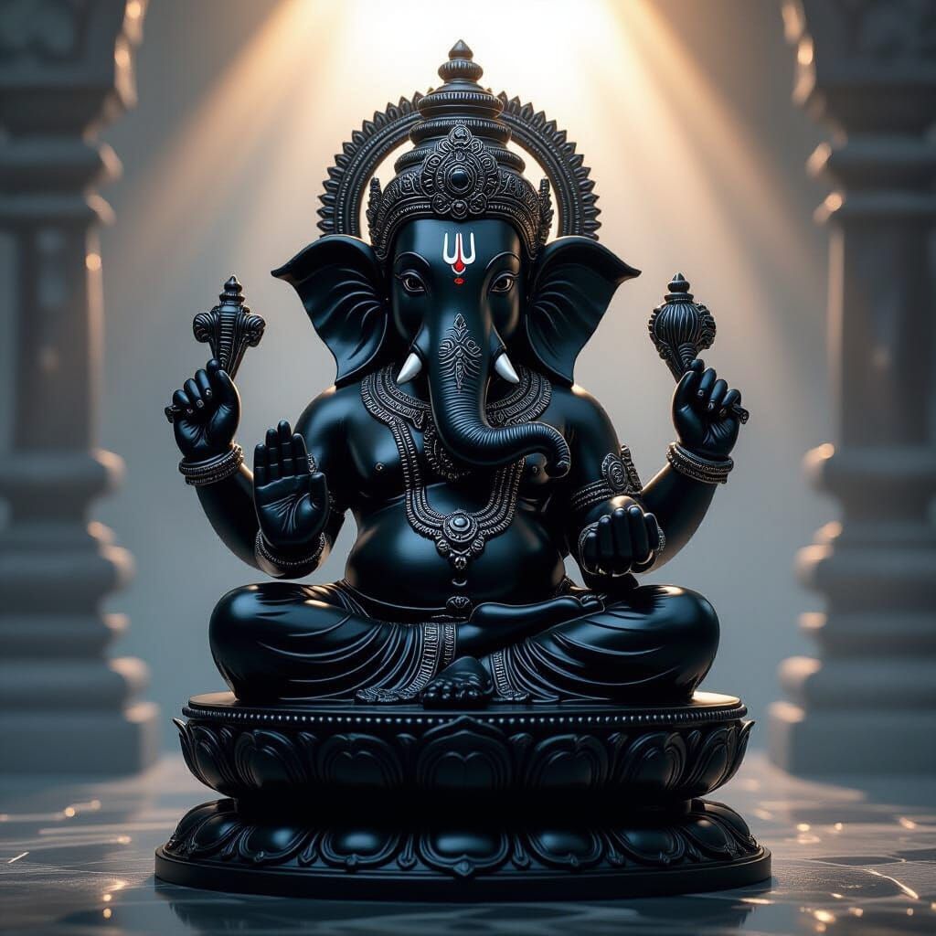 Black Obsidian Ganesha Statue with Mystical Lighting