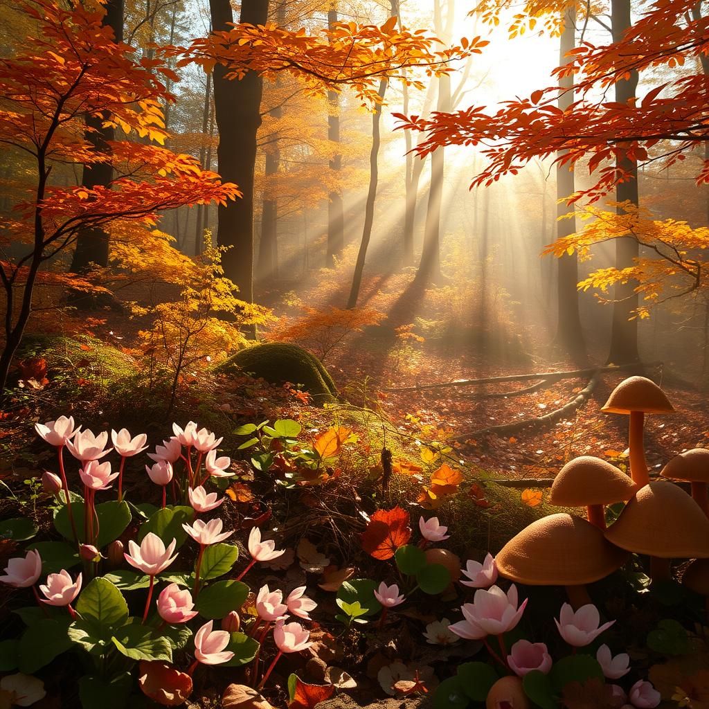 Enchanted Autumn Forest with Cyclamen and Chanterelles