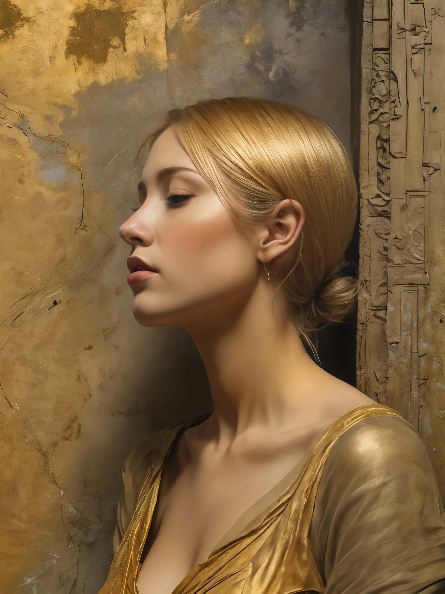 Dreamy Portrait with Gold Hair in Black and Gold