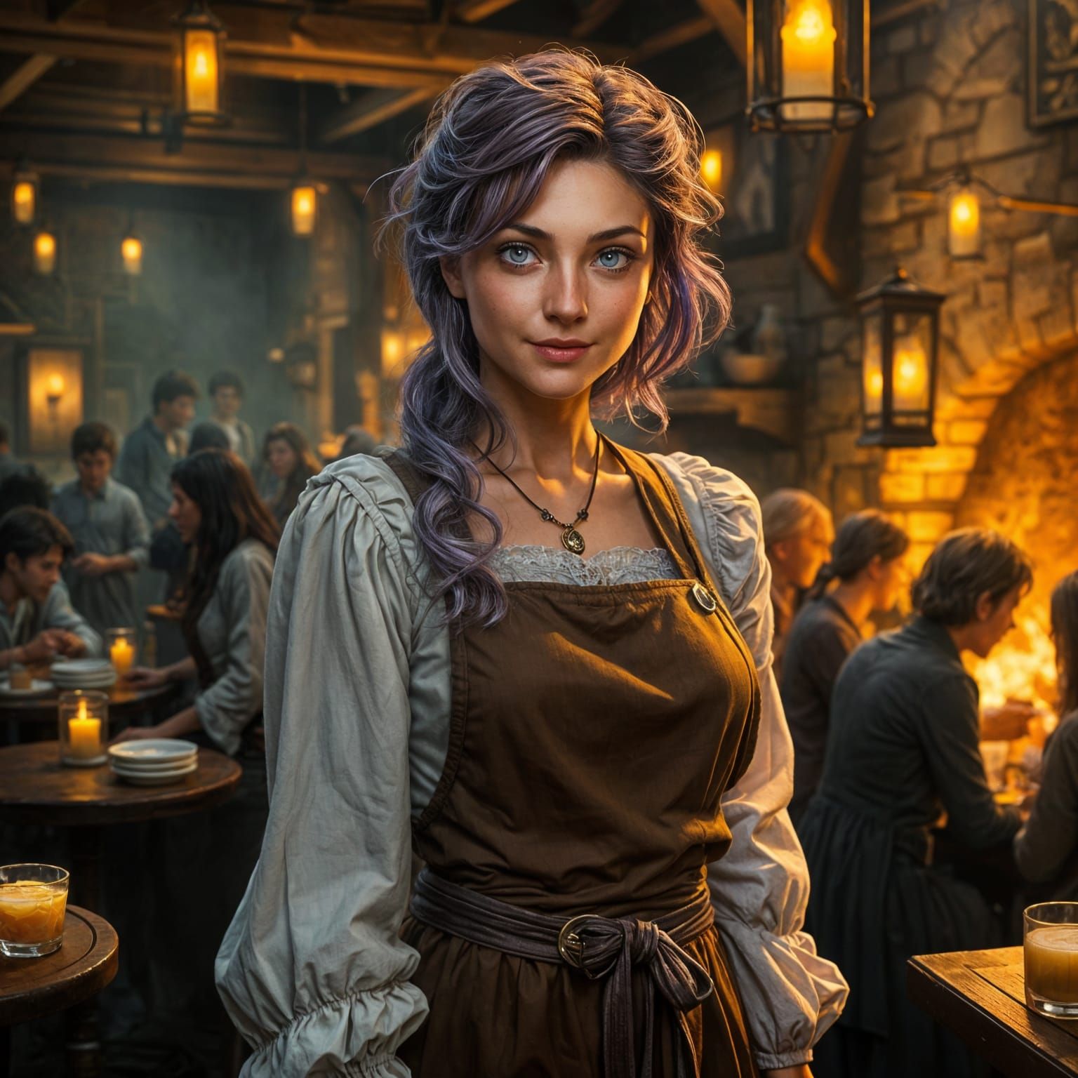 Medieval Fantasy Barmaid in Lavender Streaked Hair and Earth...