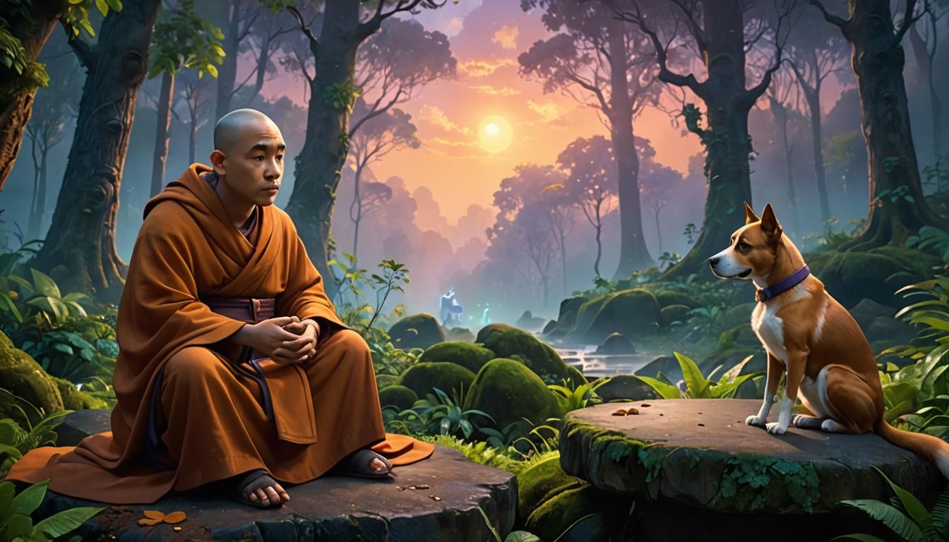 Monk Dog Meditating in Mystical Forest, Pixar Concept Art