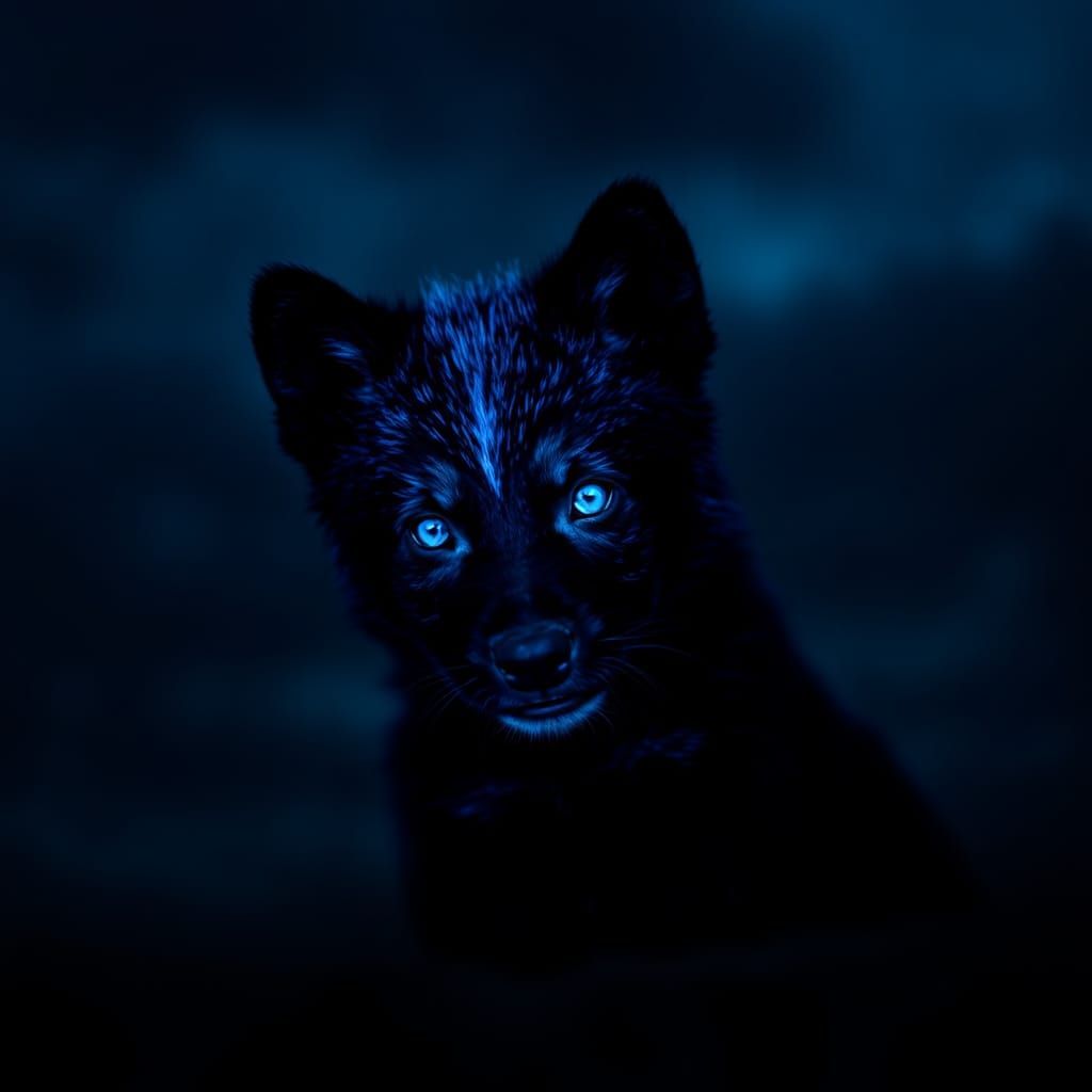 Glowing Black Wolf Pup in the Night