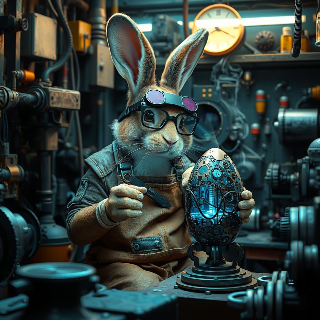 Solarpunk Mechanic Bunny in High-Tech Workshop