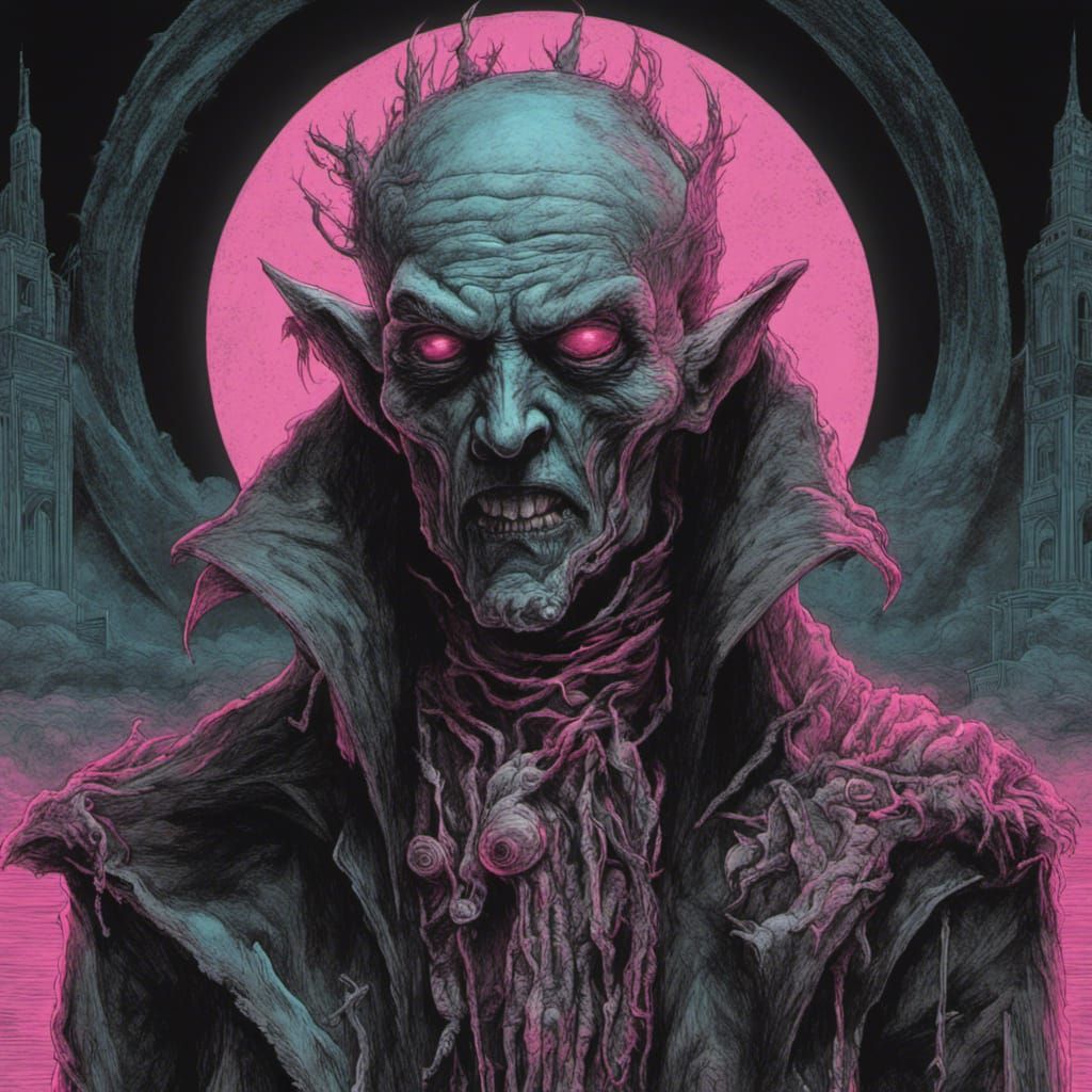 Synthwave Vampire in Eldritch Wastelands: Charcoal Drawing