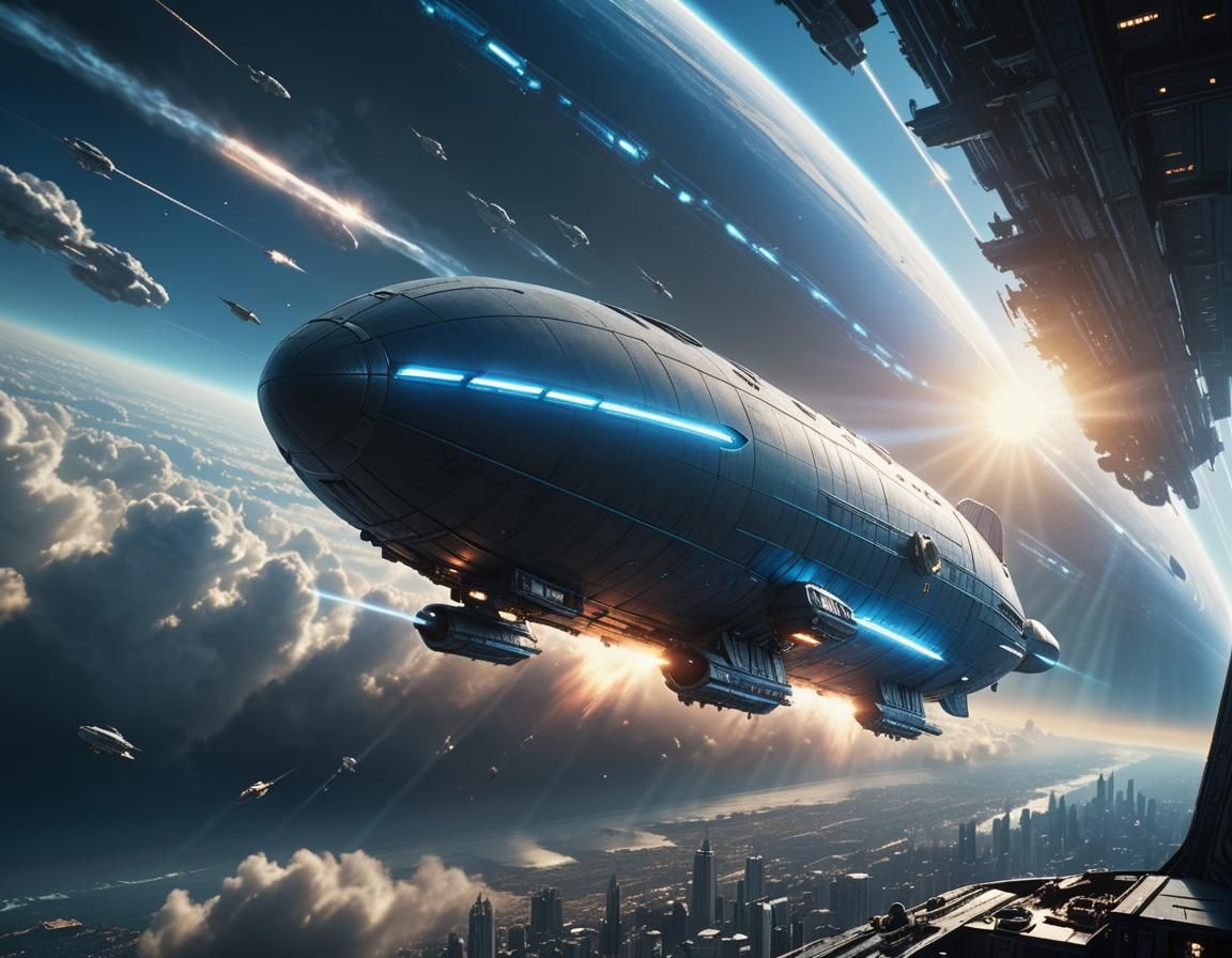 Zeppelin Spaceship with Blue Sun in Digital Matte Painting