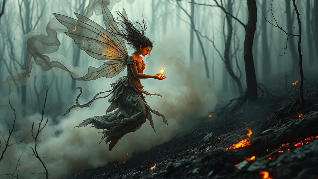 Smoke Fairy in Charred Forest: Hyper-Realistic Ash Art