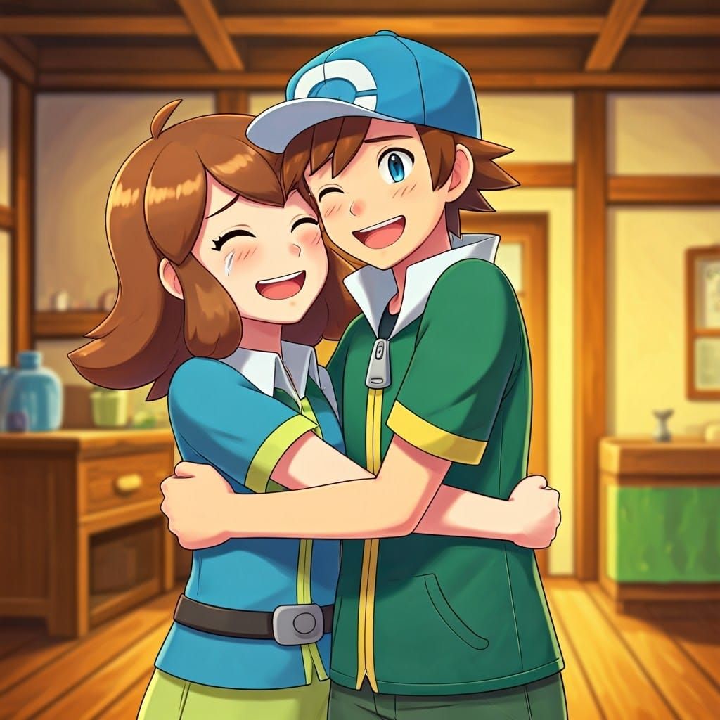 Pokémon Trainer Hugs Sister in Cozy Cottage