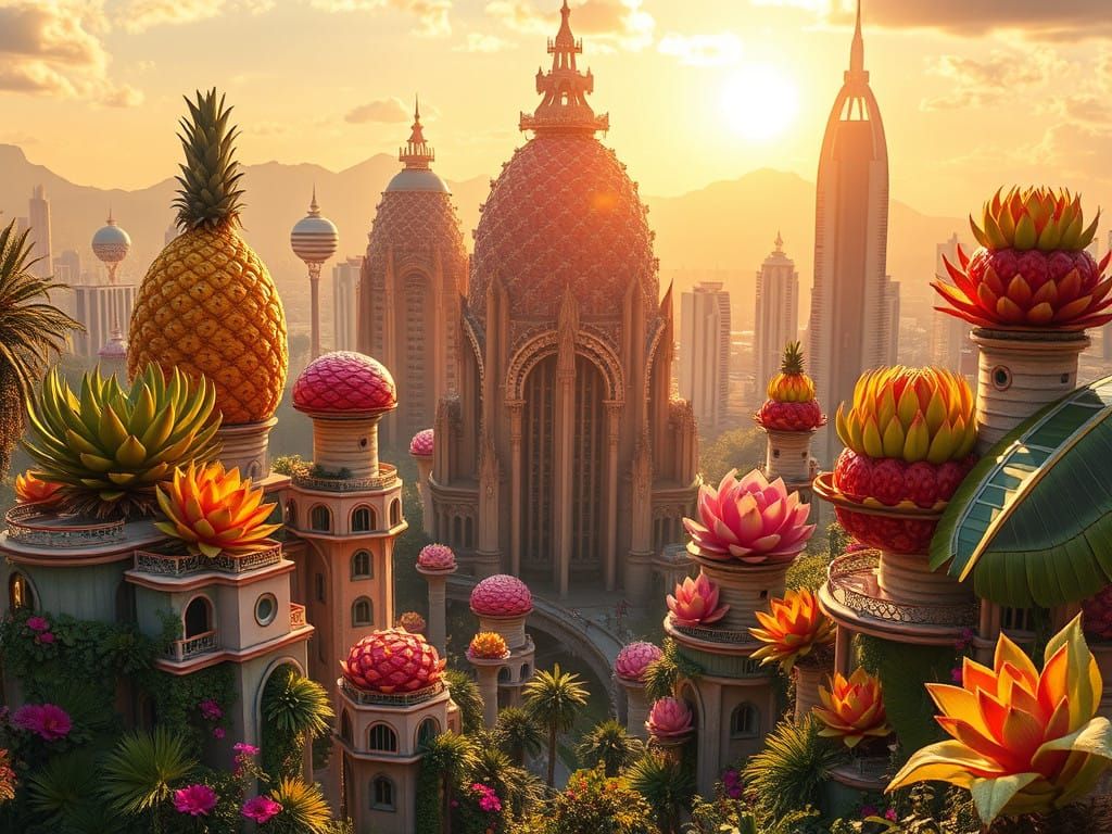 Solar Punk Paradise Blooms with Fruity Architecture and Lush...