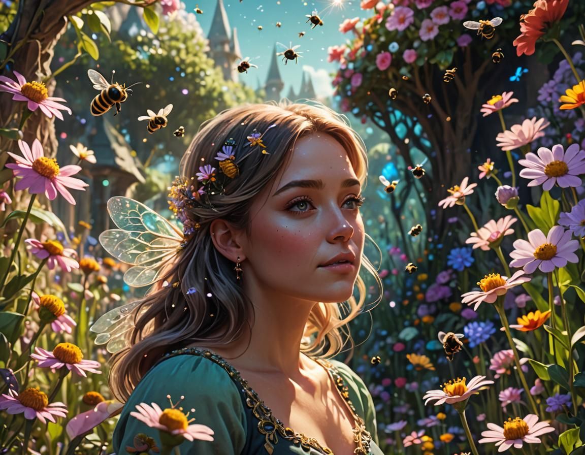 Enchanted Garden: Woman and Glass Bee Interaction