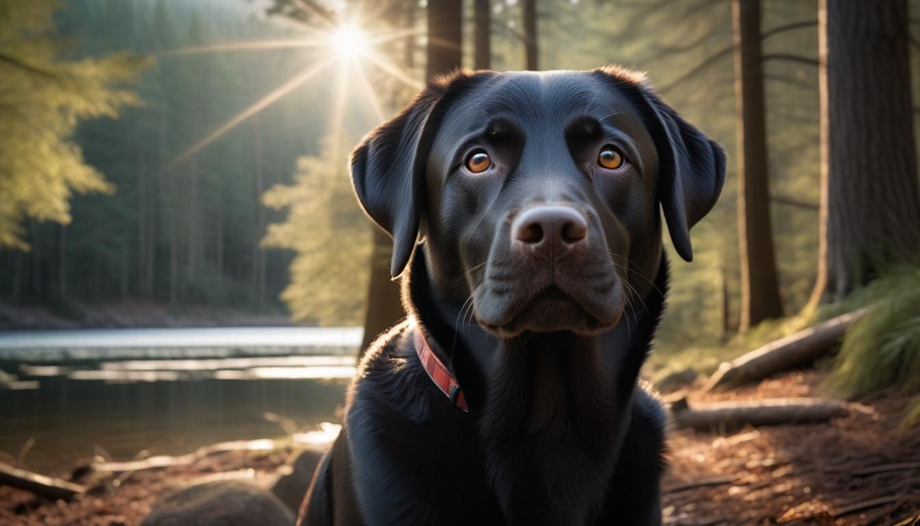 Hyperrealistic Black Labrador in Forest, HDRI Photography