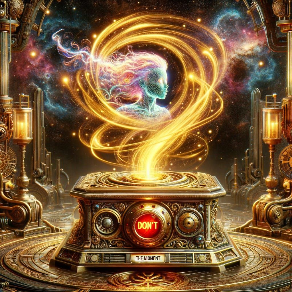 Ethereal Steampunk Scene: Golden Energy and Celestial Hues