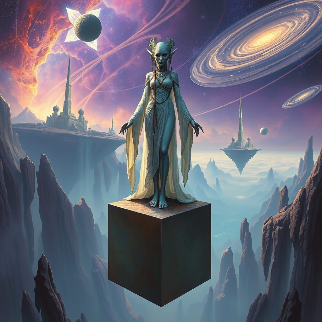 Ancient Alien Woman on Levitating Cube in Surreal World
