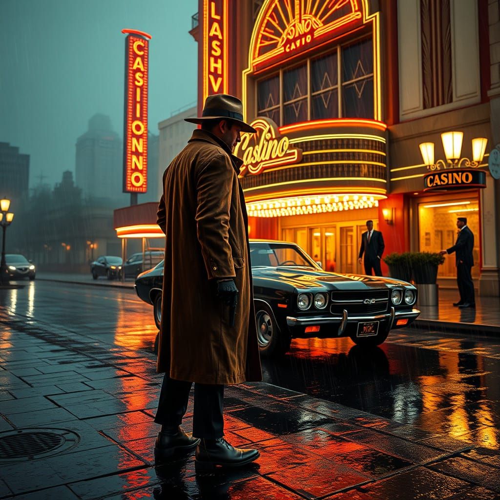 Mysterious Figure Waits Under Rainy Evening Sky