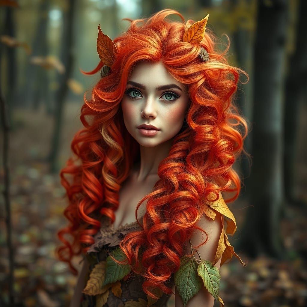 Woodland Sprite with Fiery Hair and Autumn Attire