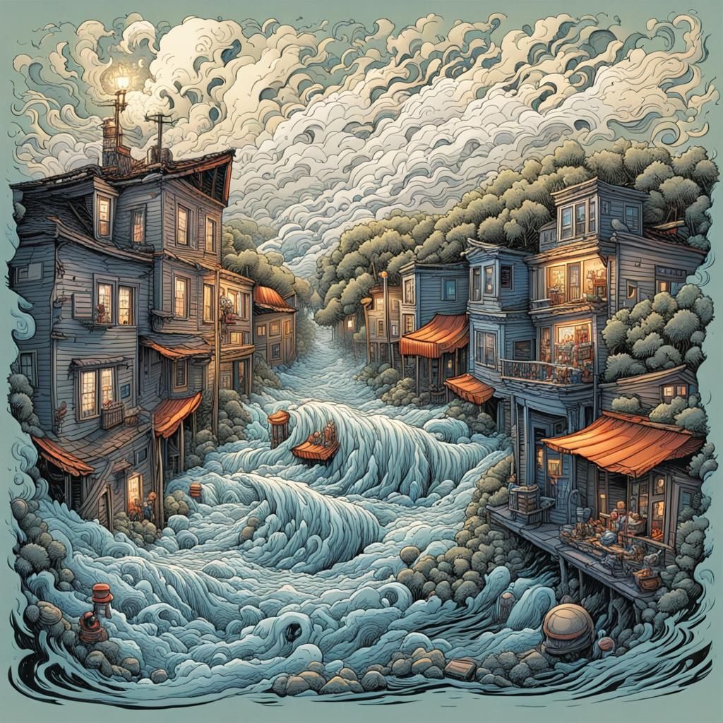 Whimsical Flash Flood Sweeping Through a Town