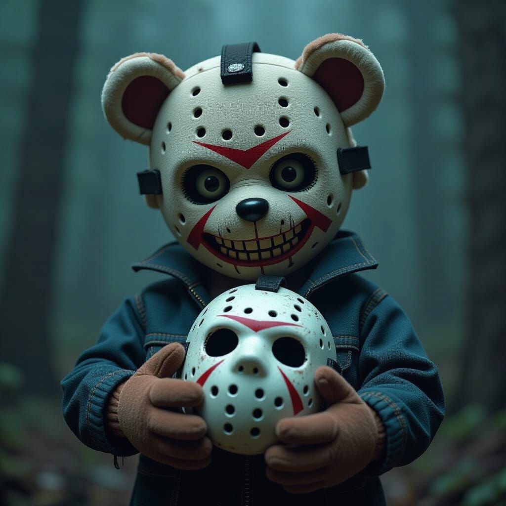 Creepy Doll Holds Jason's Head in Ominous Horror Style