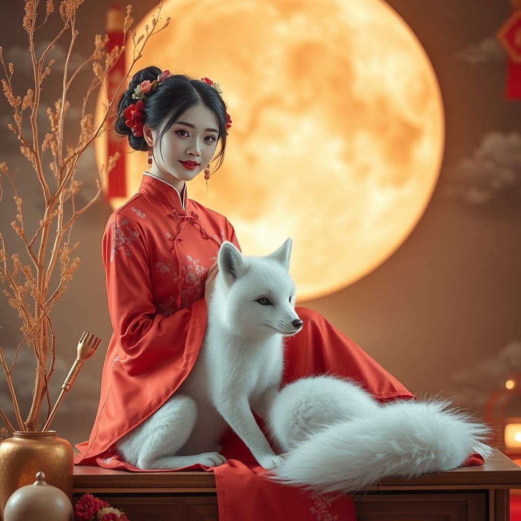 Elegant Chinese Woman with Fox in Dreamy Setting