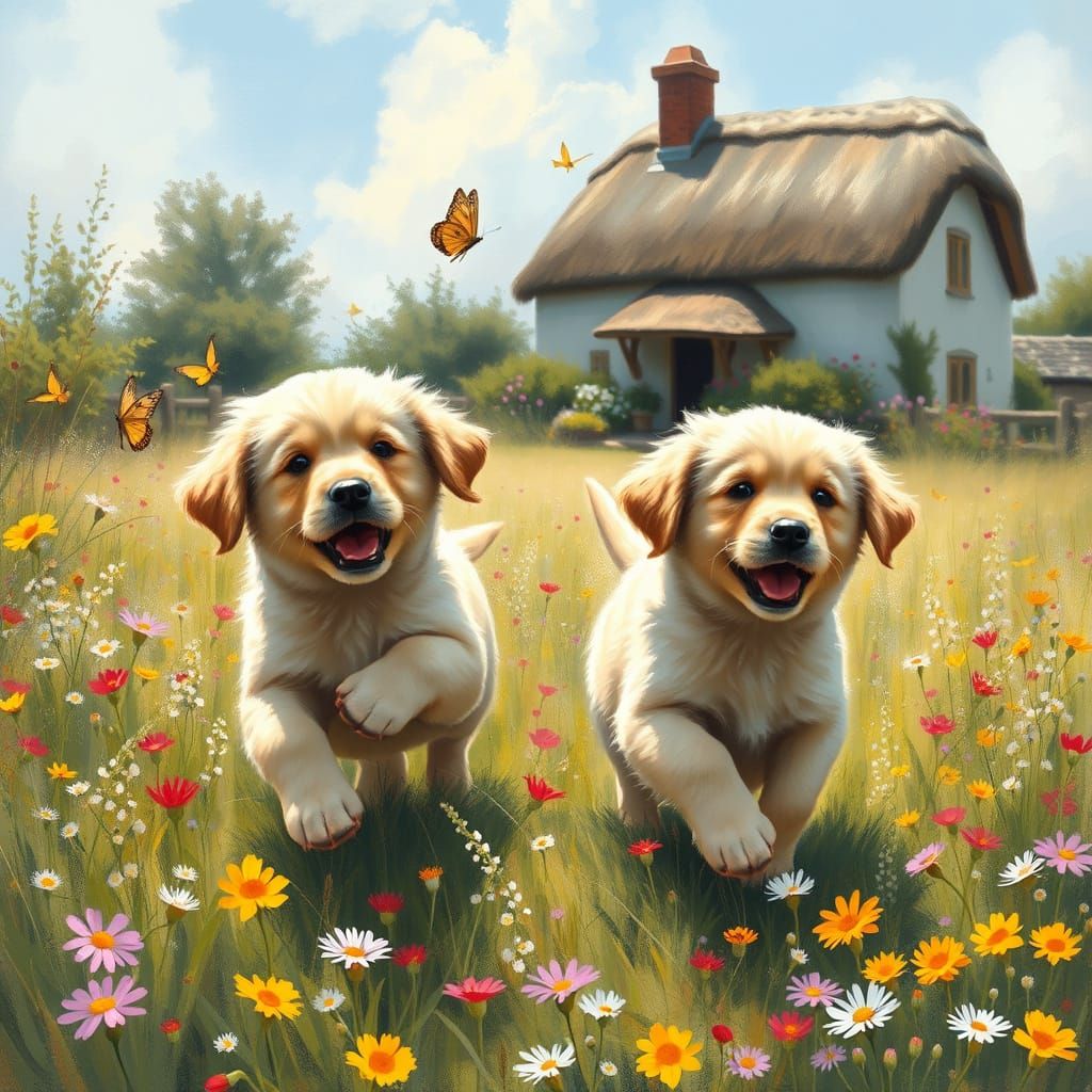 Golden Retrievers Play in Wildflower Meadow, Impressionist S...
