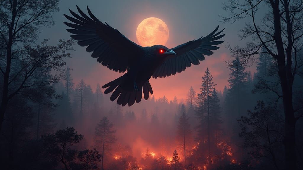 Majestic Raven Soars over Burning Forest in Deep Color