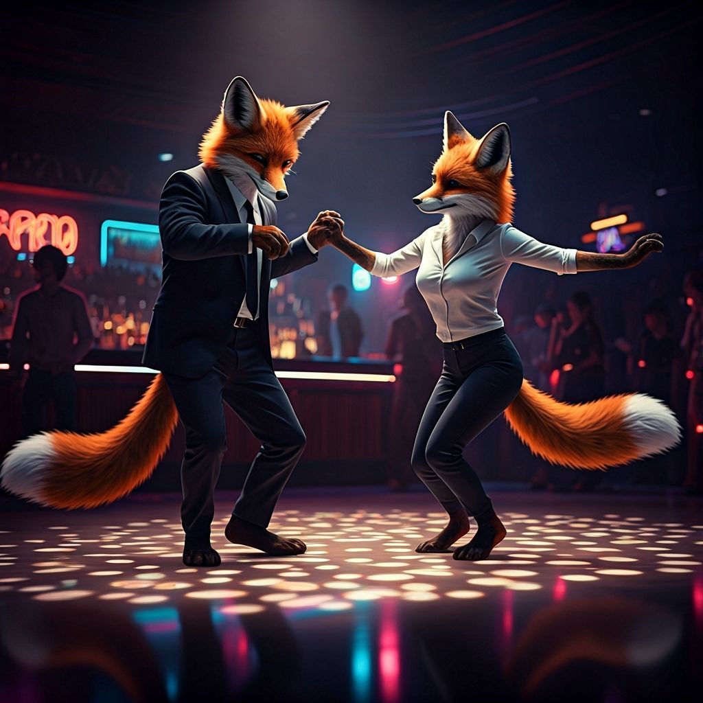 Anthropomorphic Foxes Dancing the Twist in Hyperrealistic St...