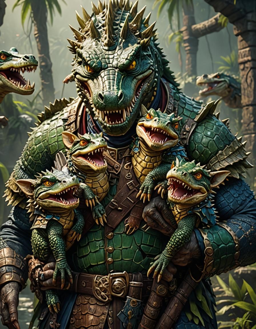 Crocodile Warrior with Hatchlings: Fantasy Concept Art
