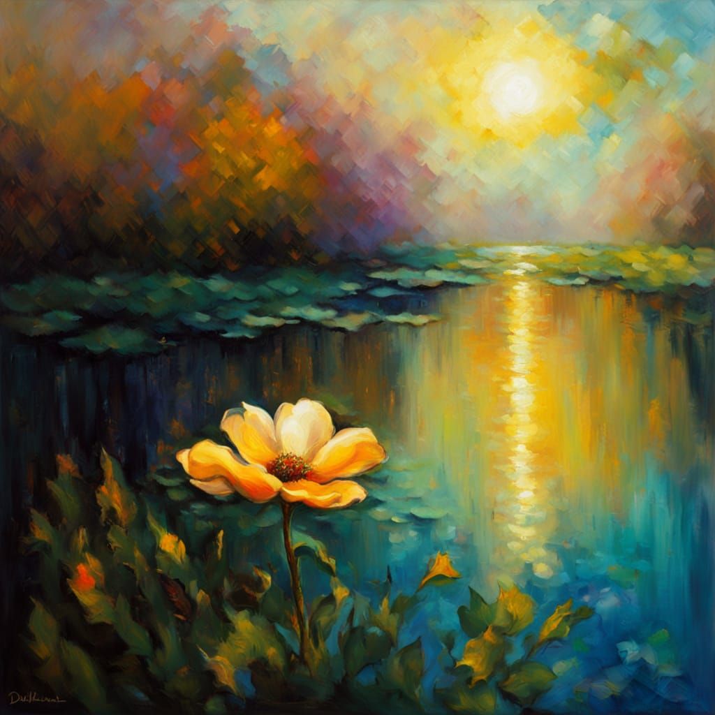 Expressionist Flower by Riverbank in Impasto Style