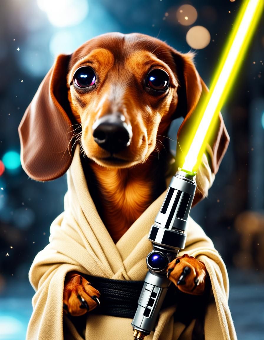 Jedi Dachshund with Lightsaber in Sci-Fi Scene