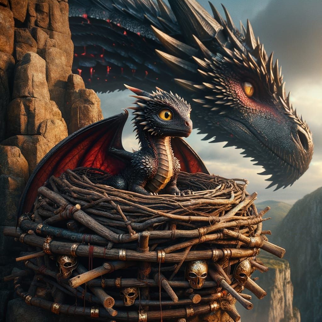 Protective Mother Dragon Watching Over Hatchling