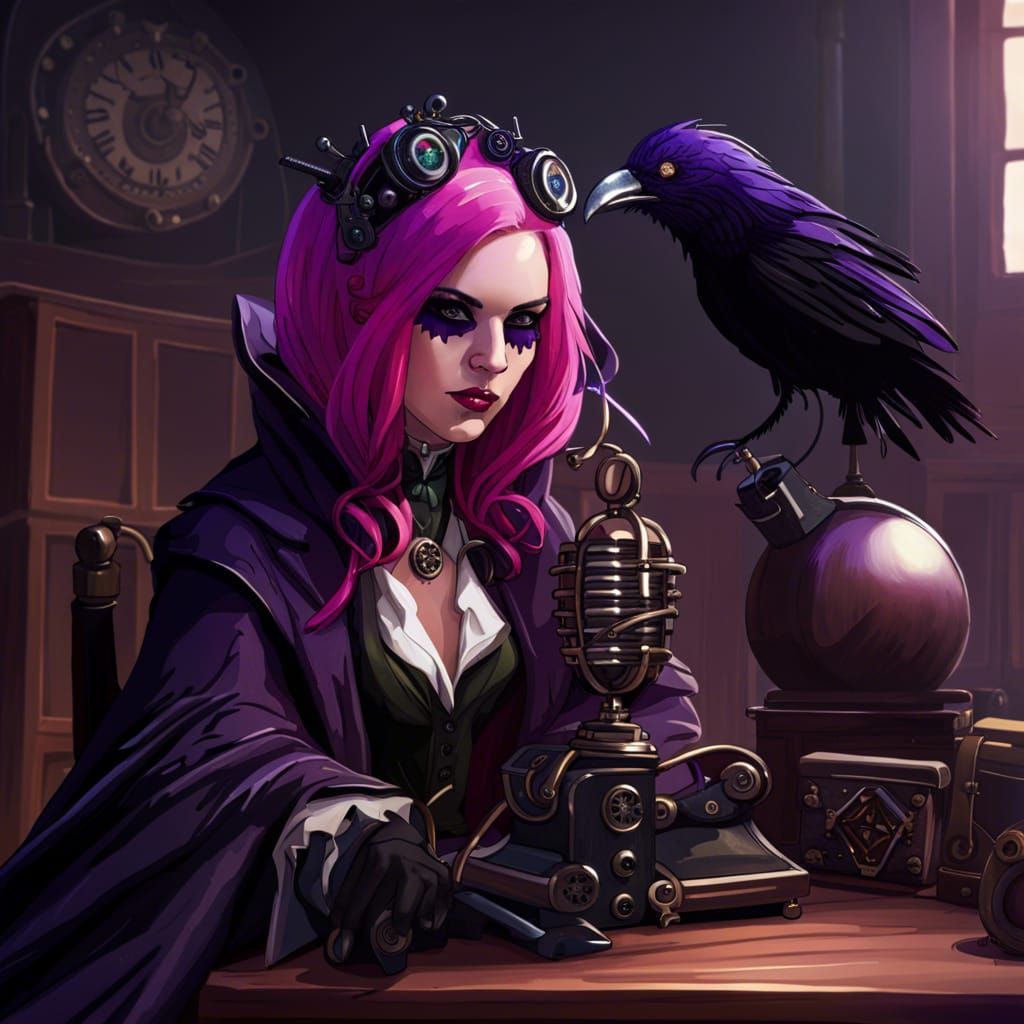 Steampunk Raven Woman Broadcasting Tales