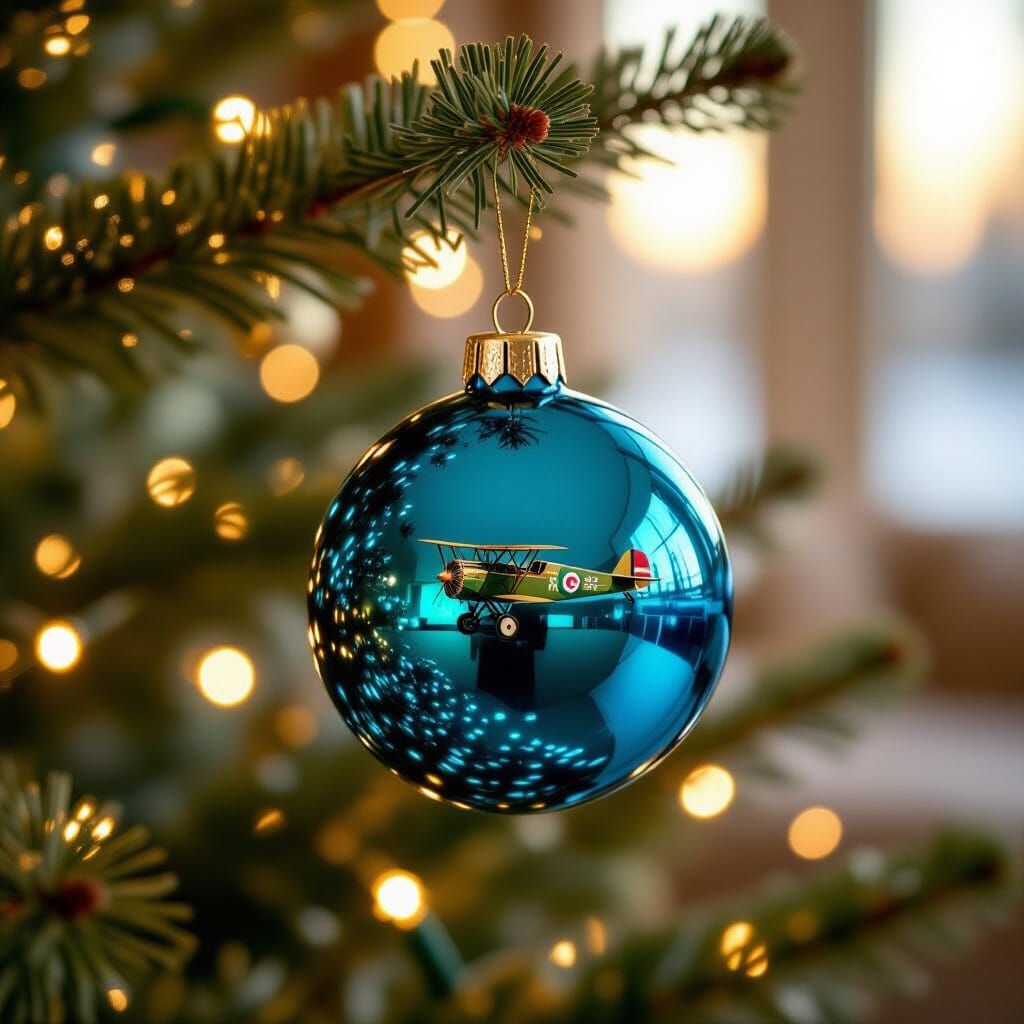 Gleaming Christmas Bauble Reflecting Aircraft on Tinsel Tree