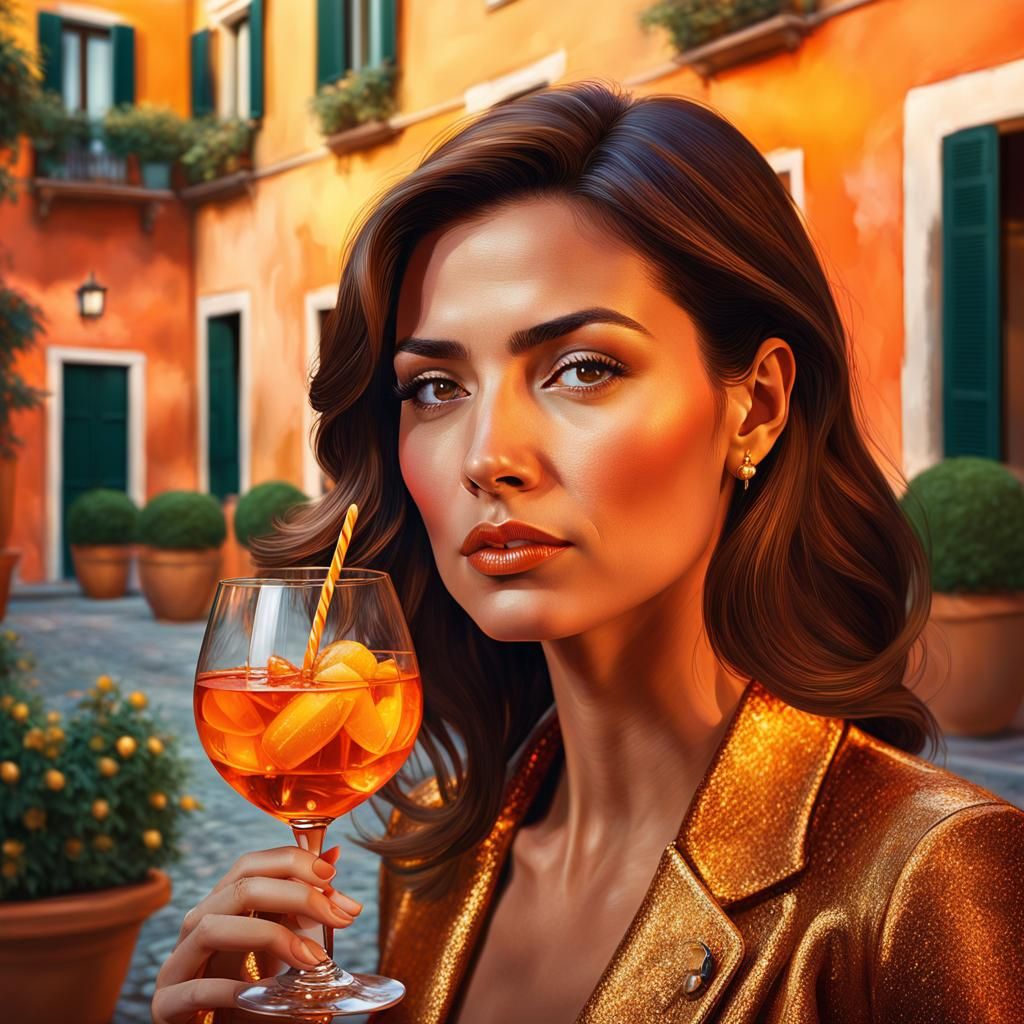 Italian Woman Sipping Aperol Spritz: Art Nouveau Portrait