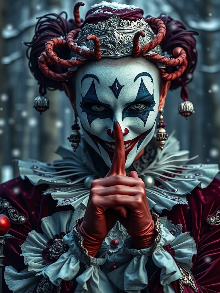 Harlequin Woman in Victorian Attire with Silence Gesture