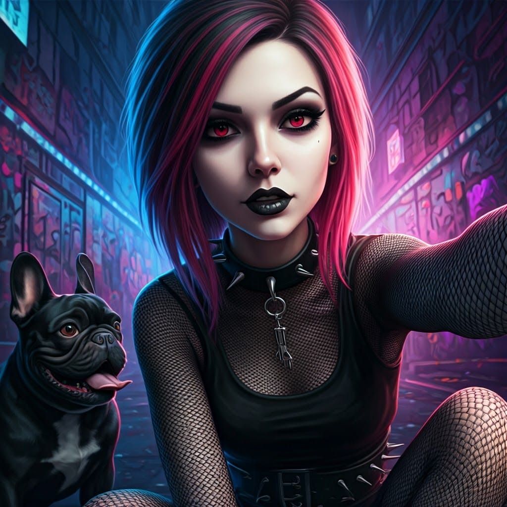 Goth girl taking a selfie with a black french bulldog