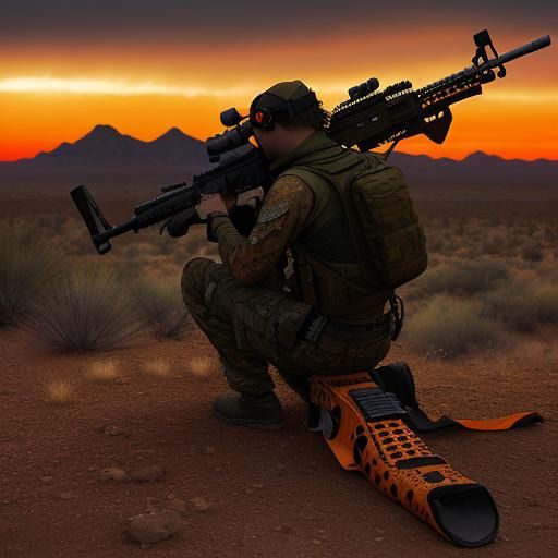 Orange Gila Monster, day of the Dead, sniper rifle, in Sonoran desert in wind storm sunrise