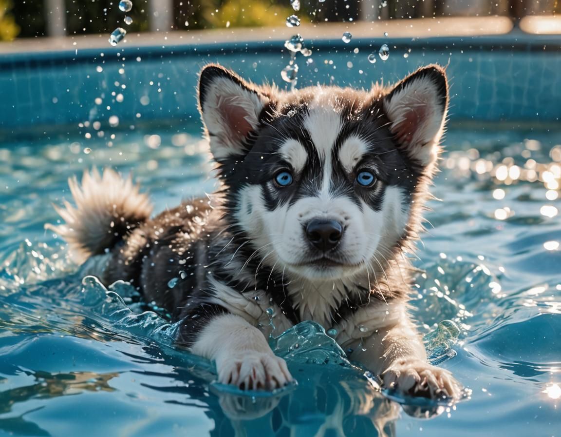 Husky Puppy Glistening in Blue Pool: Photorealistic Animal P...