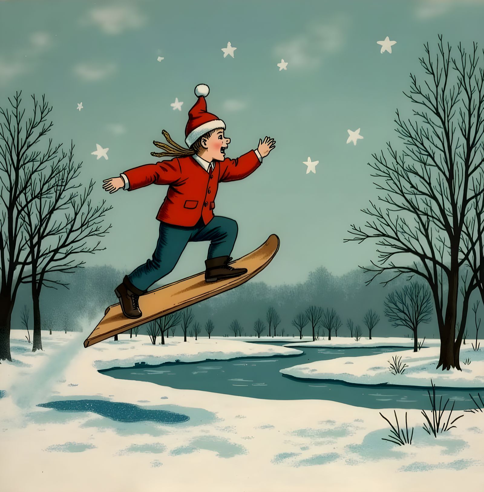 Joyful Winter Wonderland Scene in Cartoonish Style