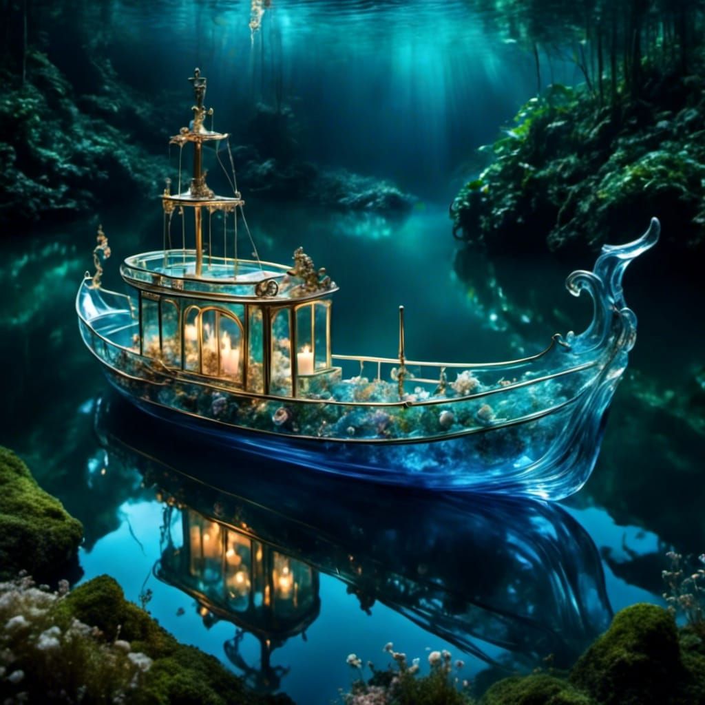 Blue Glass Boat with Candle on Lake