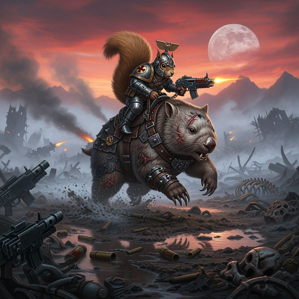 Squirrel Rider on Combat Wombat in War-Torn Battlefield